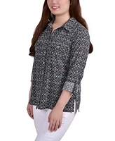 Petite 3/4 Sleeve Roll Tab Notch Collar Blouse