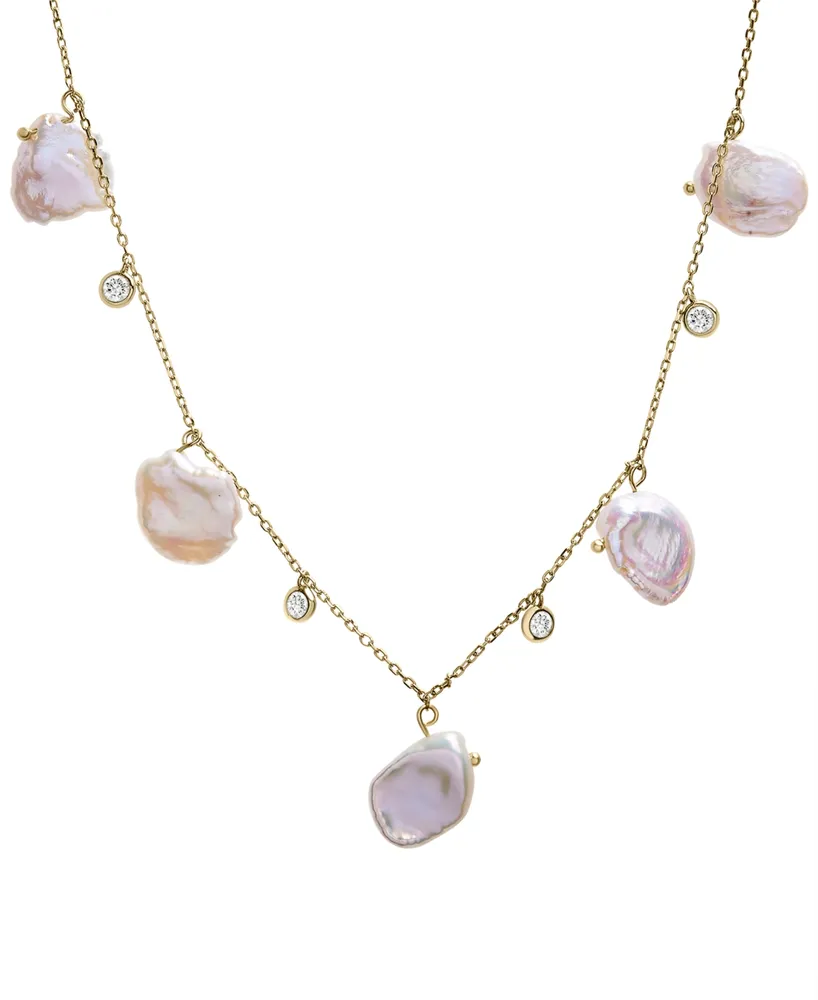 Cultured Freshwater Baroque Pearl (8-9mm) & Cubic Zirconia Dangle Statement Necklace in 14k Gold-Plated Sterling Silver, 16" + 1" extender