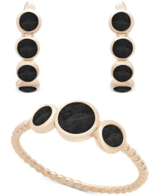 Onyx Or Dyed Green Jade Bezel Ring Earring Collection In 14k Gold Plated Sterling Silver