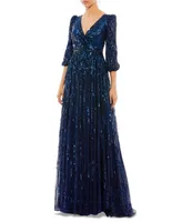 Mac Duggal Women's Sequined Wrap Over 3/4 Sleeve Gown