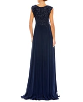 Mac Duggal Women's Appliqued Cap Sleeve Bodice Flowy Gown