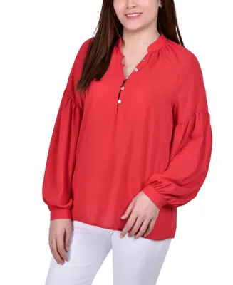 Petite Long Sleeve Mandarin Collar Blouse Top