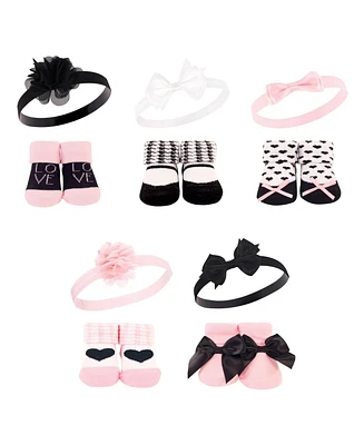 Hudson Baby Girl Headband and Socks Giftset, Pink Black Love, One Size