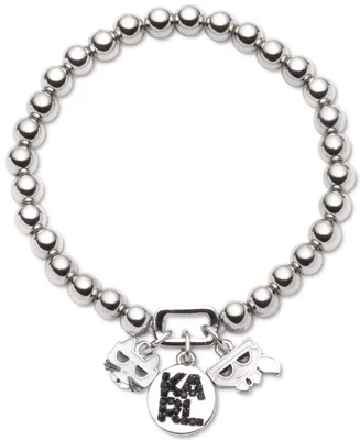 Karl Lagerfeld Paris Silver-Tone Logo Charm Beaded Stretch Bracelet