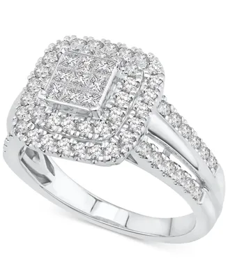 Diamond Princess Square Double Halo Cluster Ring (1 ct. t.w.) in 14k White Gold