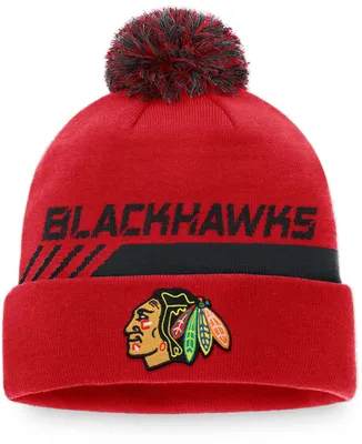 Men's Fanatics Branded Red/Black Chicago Blackhawks Authentic Pro Team Locker Room Cuffed Knit Hat With Pom