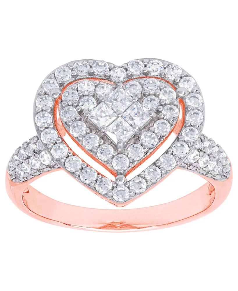 Cubic Zirconia Heart Halo Ring Fine Rose Gold Plate or Silver