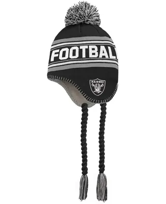 Big Boys and Girls Black, Silver Las Vegas Raiders Jacquard Tassel Knit Hat with Pom