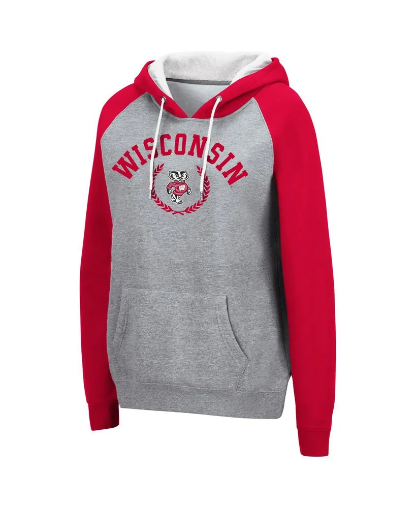 Women's Heather Gray Wisconsin Badgers Contrast Raglan Pullover Hoodie