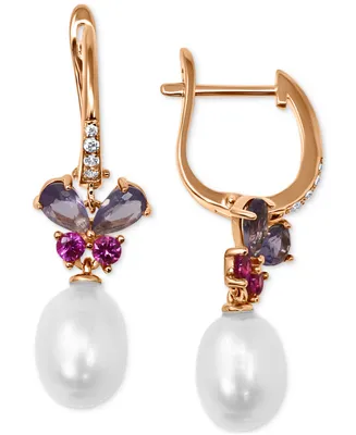 Cultured Freshwater Pearl (9x7 mm) & Multicolor Cubic Zirconia Butterfly Drop Earrings in 14k Gold-Plated Sterling Silver