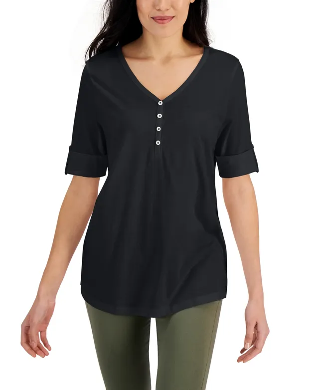 Karen Scott Plus Short-Sleeve Henley Top, Created for Macy's