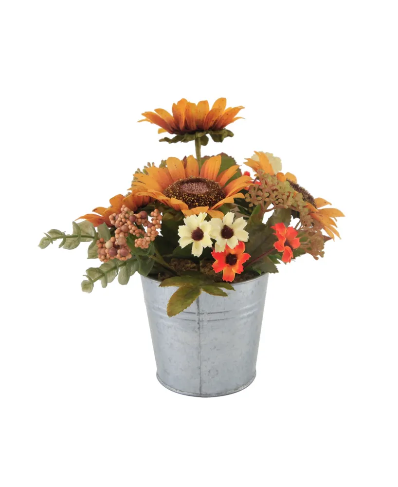 8" Artificial Sunflowers Mix in Tin Pot