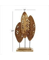 Teak Wood Natural Leaves Sculpture, 23" x 12"