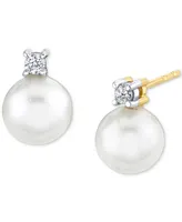 Cultured Freshwater Pearl (6mm) & Diamond Accent Stud Earrings in 14k Gold