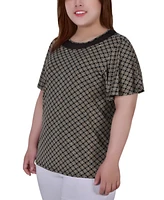 Plus Short Sleeve Knit Top with Sheer Inset