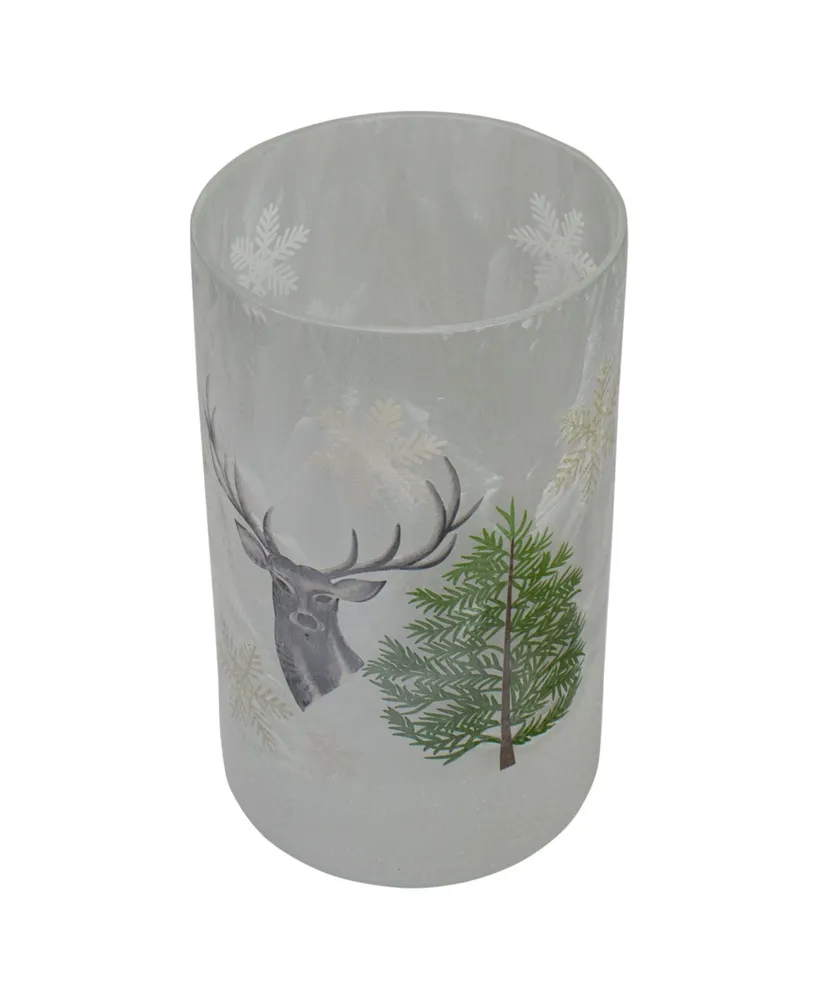 10" Deer Pine and Snowflakes Hand Painted Flameless Glass Christmas Candle Holder