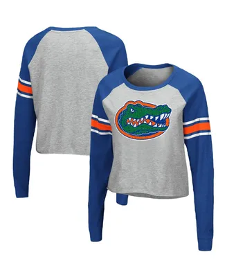 Women's Heathered Gray and Royal Florida Gators Decoder Pin Raglan Long Sleeve T-shirt