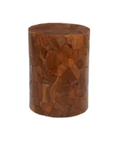 Round Block-Style Teak Wood Mosaic Side Table