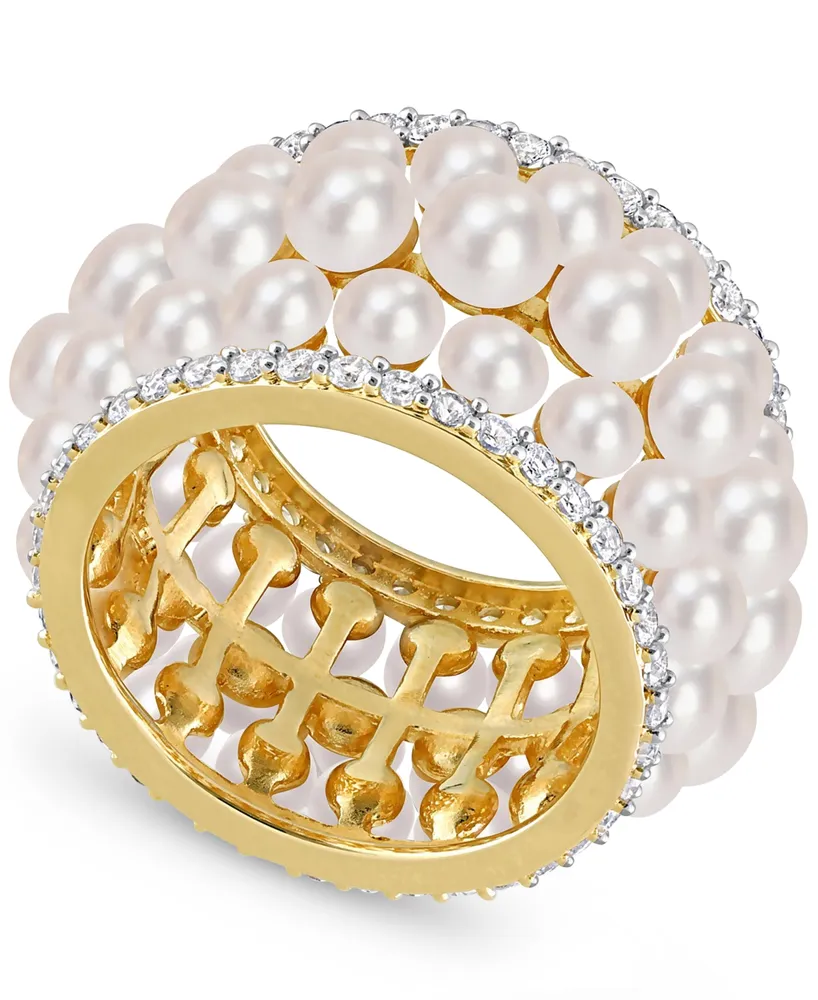 Macy's Cultured Freshwater Pearl (3 - 4-1/2mm) & Lab-Created White Sapphire  (1-3/5 ct. t.w.) Multirow Statement Ring Yellow Rhodium