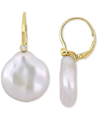 Cultured Freshwater Button Pearl (17-1/2 - 18mm) & Diamond (1/20 ct. t.w.) Leverback Drop Earrings in 14k Gold