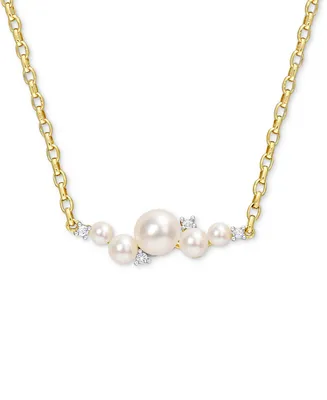 Cultured Freshwater Pearl (3 - 6-1/2mm) & White Topaz (1/8 ct. t.w.) Cluster Bar 18" Pendant Necklace in 18k Gold-Plated Sterling Silver