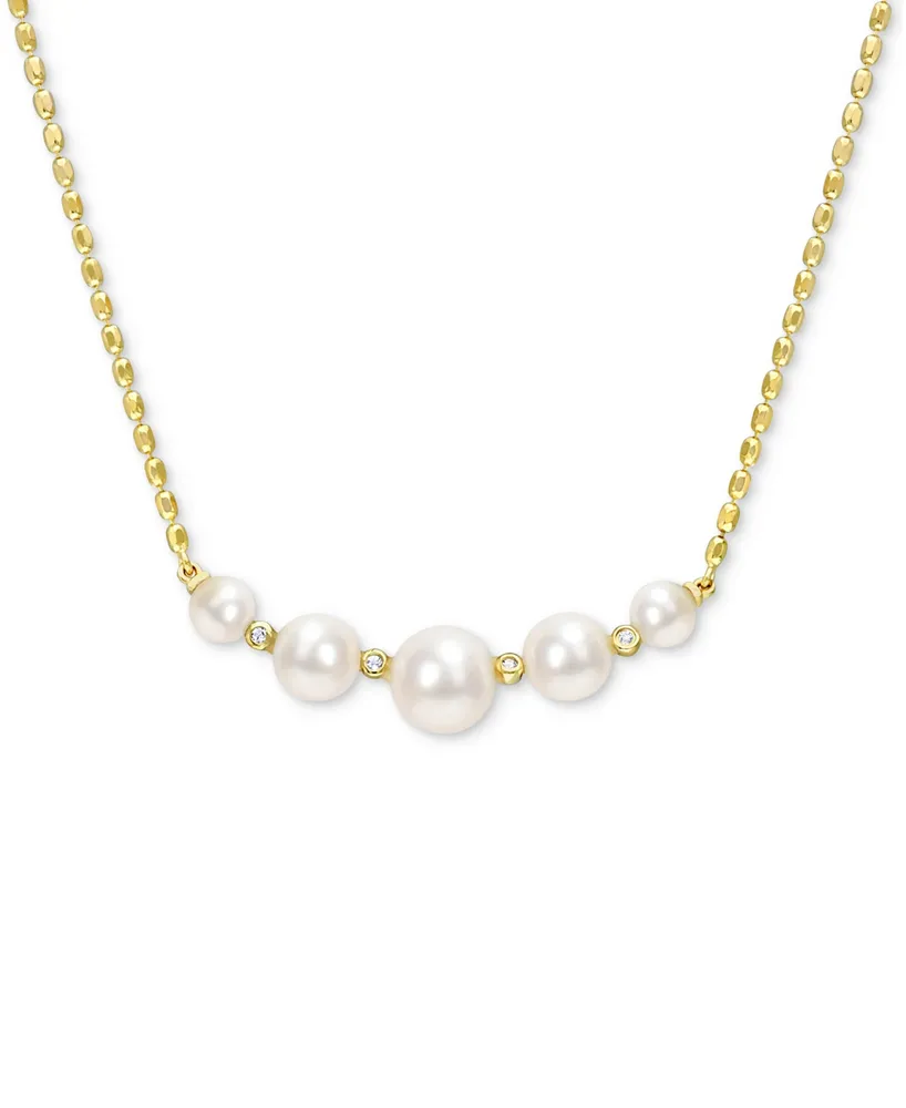 Cultured Freshwater Pearl (4-1/2 - 8mm) & White Topaz (1/20 ct. t.w.) Graduated Curved Bar 18" Pendant Necklace in 18k Gold-Plated Sterling Silver