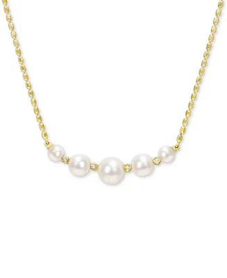 Cultured Freshwater Pearl (4-1/2 - 8mm) & White Topaz (1/20 ct. t.w.) Graduated Curved Bar 18" Pendant Necklace in 18k Gold-Plated Sterling Silver