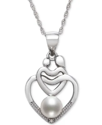 Belle de Mer Cultured Freshwater Pearl (5mm) & Diamond Accent Mother & Child Heart 18" Pendant Necklace in Sterling Silver
