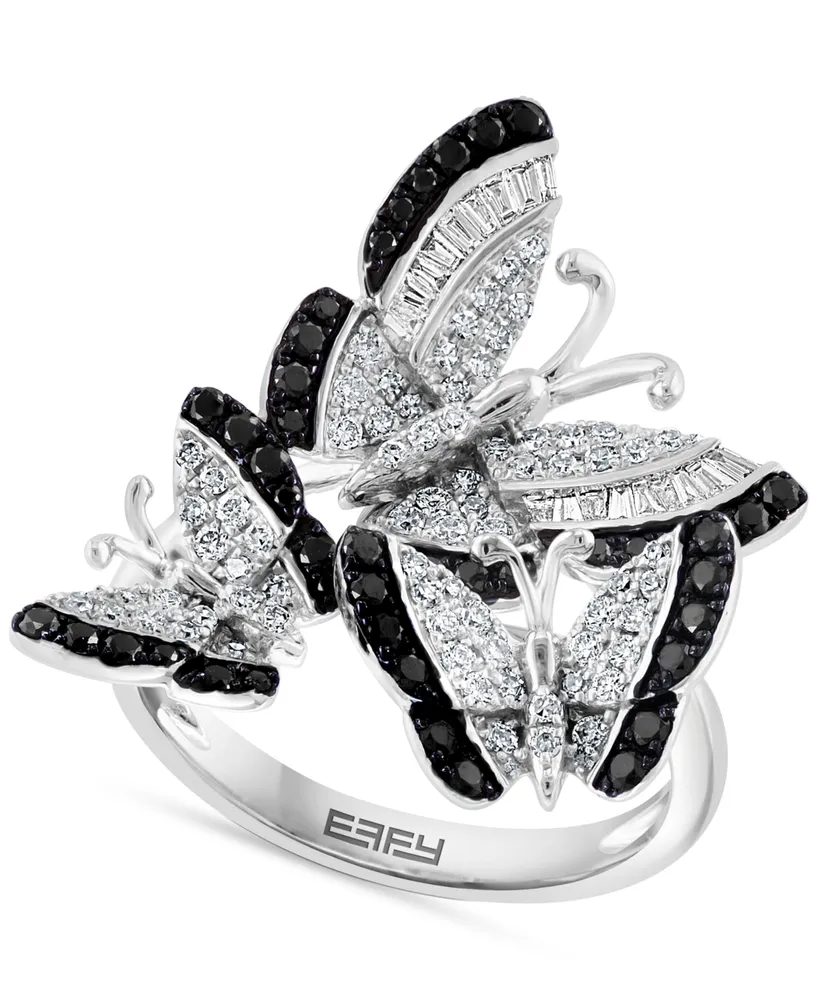 Effy White Diamond (3/8 ct. t.w.) & Black Diamond (1/3 ct. t.w.) Butterfly Statement Ring in 14k White Gold