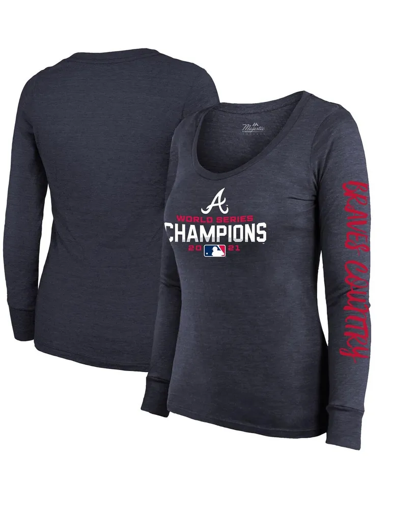 Women's Majestic Threads Navy Atlanta Braves 2021 World Series Champions Two-Hit Tri-Blend Long Sleeve Scoop Neck T-shirt