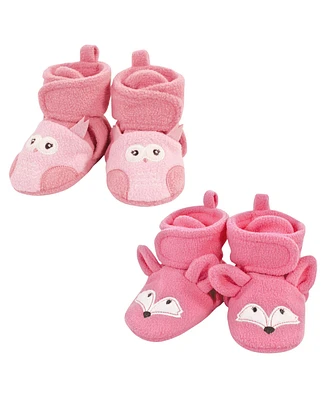 Hudson Baby Baby Girls Hudson Animal Fleece Booties 2-Pack, Pink Owl Fox, 12-18 Months