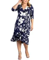 Kiyonna Plus Flirty Flounce Midi Wrap Dress with 3/4 Sleeves