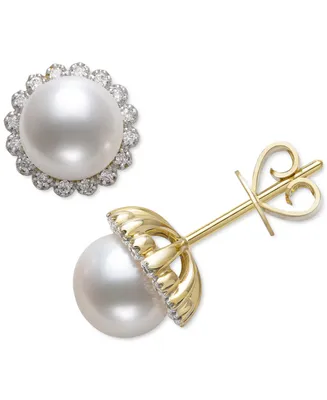 Belle De Mer Cultured Freshwater Pearl (7mm) & Diamond (1/8 ct. t.w.) Halo Stud Earrings in 14k Gold, Created for Macy's