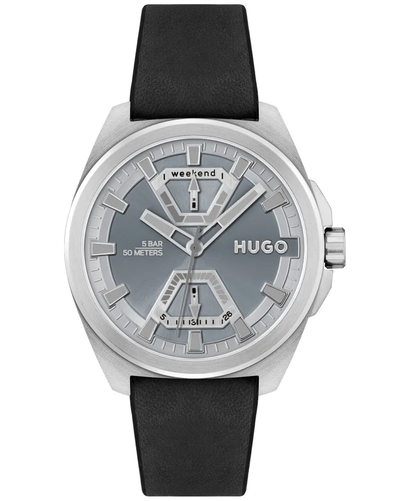 Hugo Men's Expose Black Leather Strap Watch 44mm