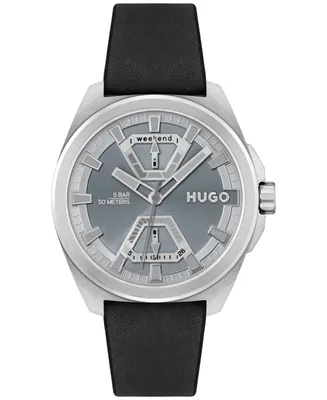 Hugo Men's Expose Black Leather Strap Watch 44mm