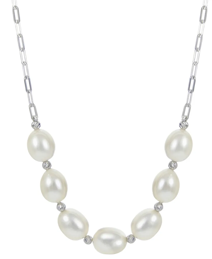 Cultured Freshwater Pearl (9-10mm) Paperclip Link 18" Statement Necklace in Sterling Silver