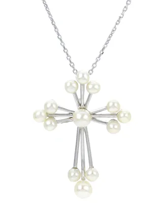 Cultured Freshwater Pearl (3 - 4-1/2mm) Open Cross 18" Pendant Necklace in Sterling Silver