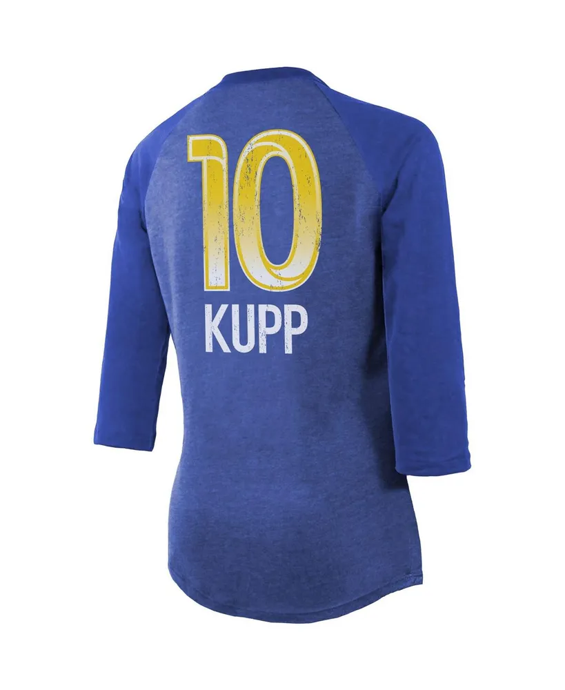 Women's Majestic Cooper Kupp Royal Los Angeles Rams Super Bowl Lvi Bound Name and Number Raglan 3/4 Sleeve T-shirt