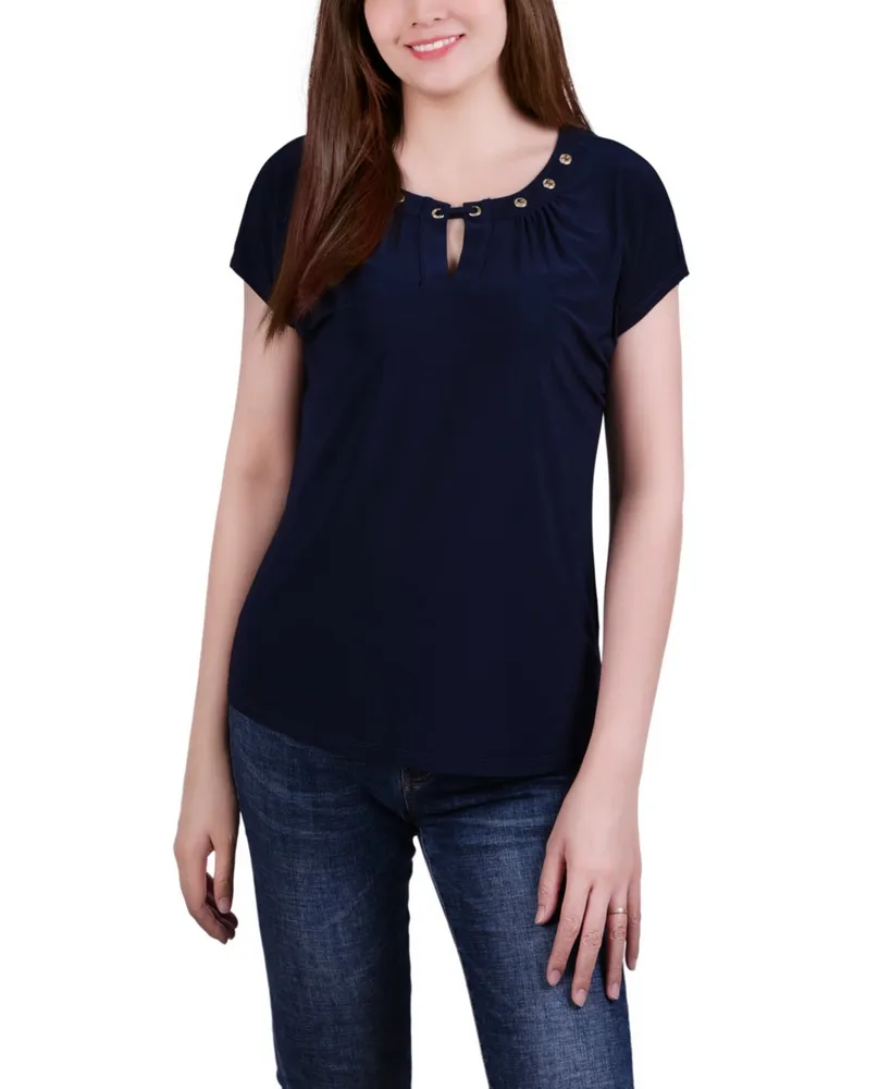 Petite Size Short Sleeve Grommet Top with Keyhole