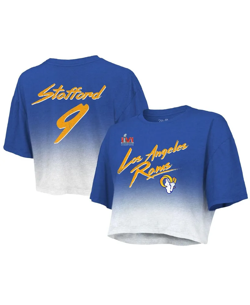 Women's Majestic Threads Matthew Stafford Royal, White Los Angeles Rams Super Bowl Lvi Champions Name Number Dip Dye Crop Top