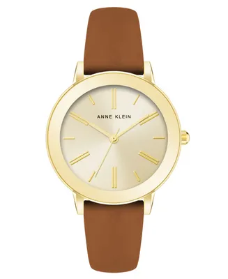 Anne Klein Women's Watch in Brown Faux Leather with Gold-Tone Lugs, 36mm