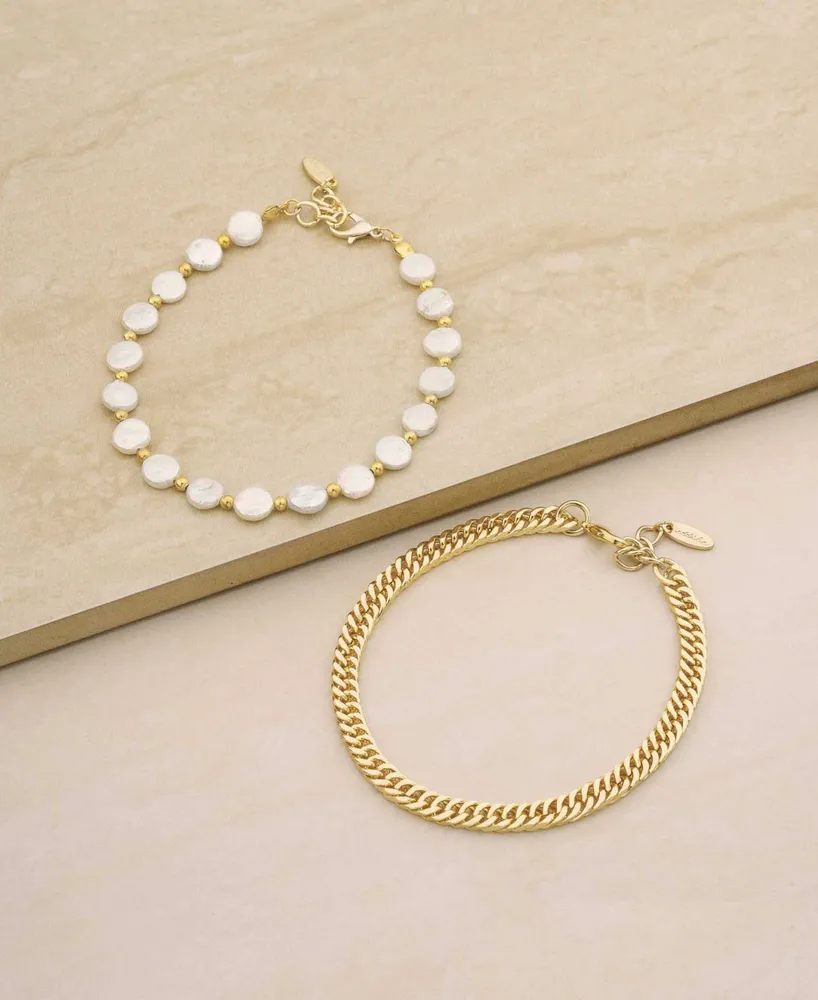 Ettika Cultured Freshwater Pearl and 18K Gold Plated Chain Anklet Set - Gold