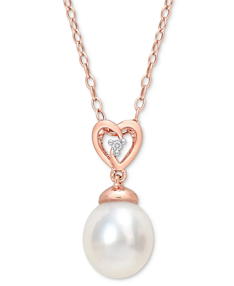 Cultured South Sea Oval Pearl (8-9mm) & White Topaz Accent Heart Detail 18" Pendant Necklace in Rose-Tone Plated Sterling Silver - Rose