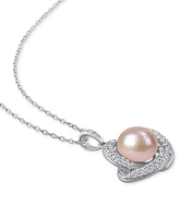 Pink Cultured Freshwater Pearl (10-1/2mm) & Cubic Zirconia Love Knot 18" Pendant Necklace in Sterling Silver