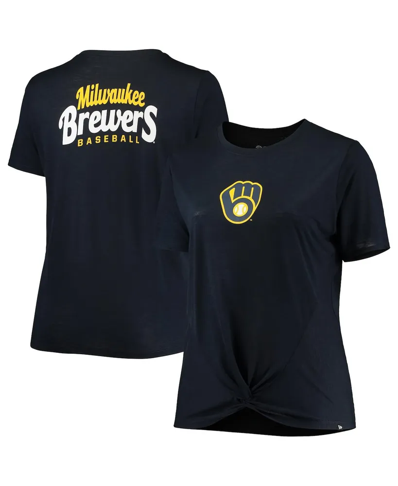 Milwaukee Brewers New Era Women's Plus Size 2-Hit Front Knot T-Shirt - Navy