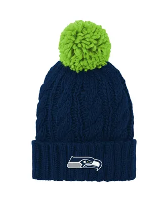 Big Girls College Navy Seattle Seahawks Cable Cuffed Knit Hat with Pom