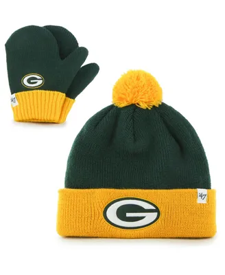 Infant Unisex '47 Green, Gold Green Bay Packers Bam Bam Cuffed Knit Hat with Pom and Mittens Set