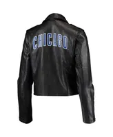 Women's The Wild Collective Black Chicago Cubs Faux Leather Moto Full-Zip Jacket