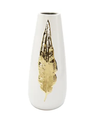 Tall Leaf Design Vase, 16" H - White, Gold