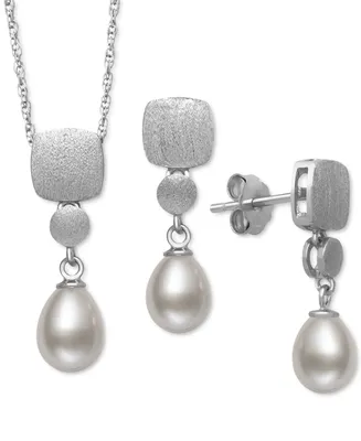 Belle de Mer 2-Pc. Set Cultured Freshwater Pearl (6mm) Brushed Finish Pendant Necklace & Matching Drop Earrings in Sterling Silver, Created for Macy's